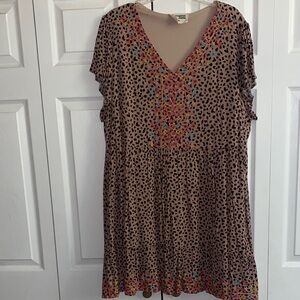 Savanna Jane Tan Black Animal Print V-Neck Dress with Multicolor Embroidery